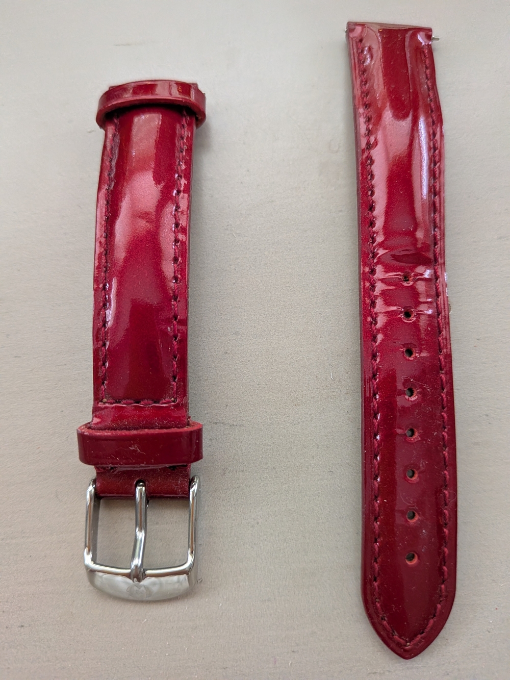 Michele 16 Inch Glossy Red Leather Watch Band with Silver Buckle